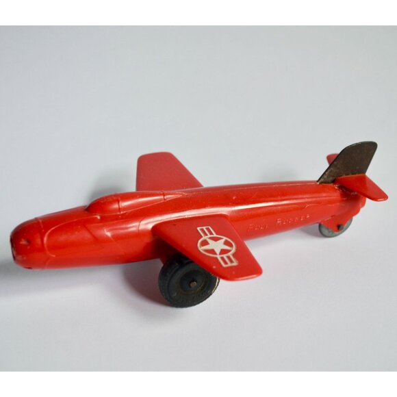 Vintage Marx Toy Pull Rudder Airplane Bell X-1 Experimental Jet Red - Picture 1 of 7